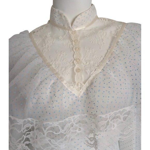 VTG 70s Tiered Prairie Dress Medium Lace Ruffle Long Sleeve Polka Dot Cottage - Picture 5 of 11